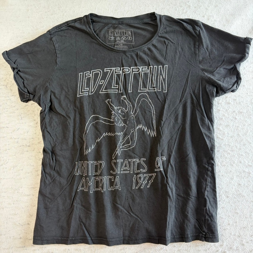 Led Zeppelin T-Shirt Womens Large Black USA 1977 Tour Graphic Distressed